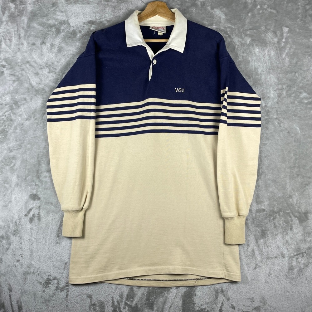 Vintage Canterbury Rugby Jersey Mens XL Navy Cream WSU Striped Long Sleeve
